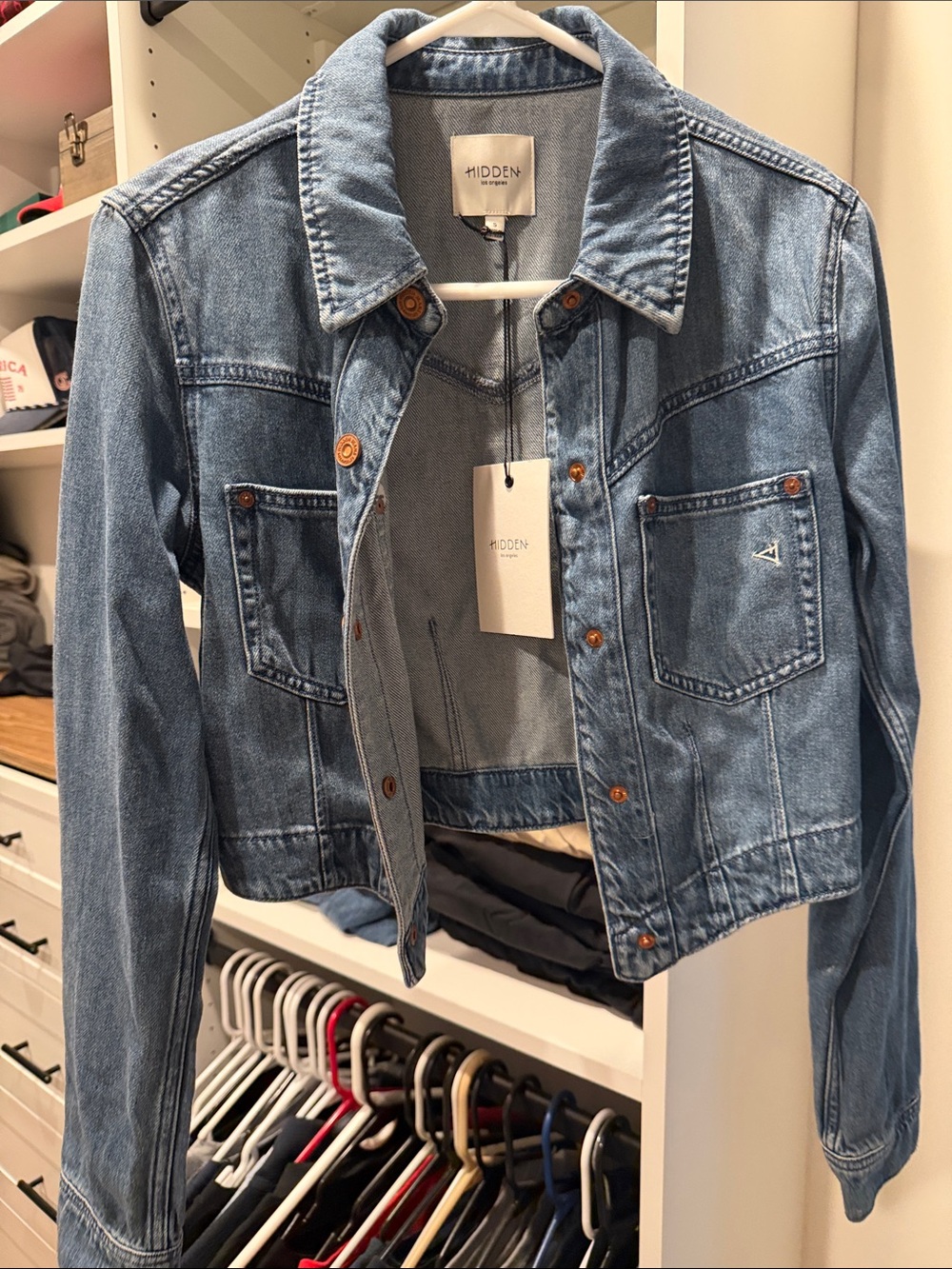 Hidden Denim Cropped Jean Jacket in Light Blue